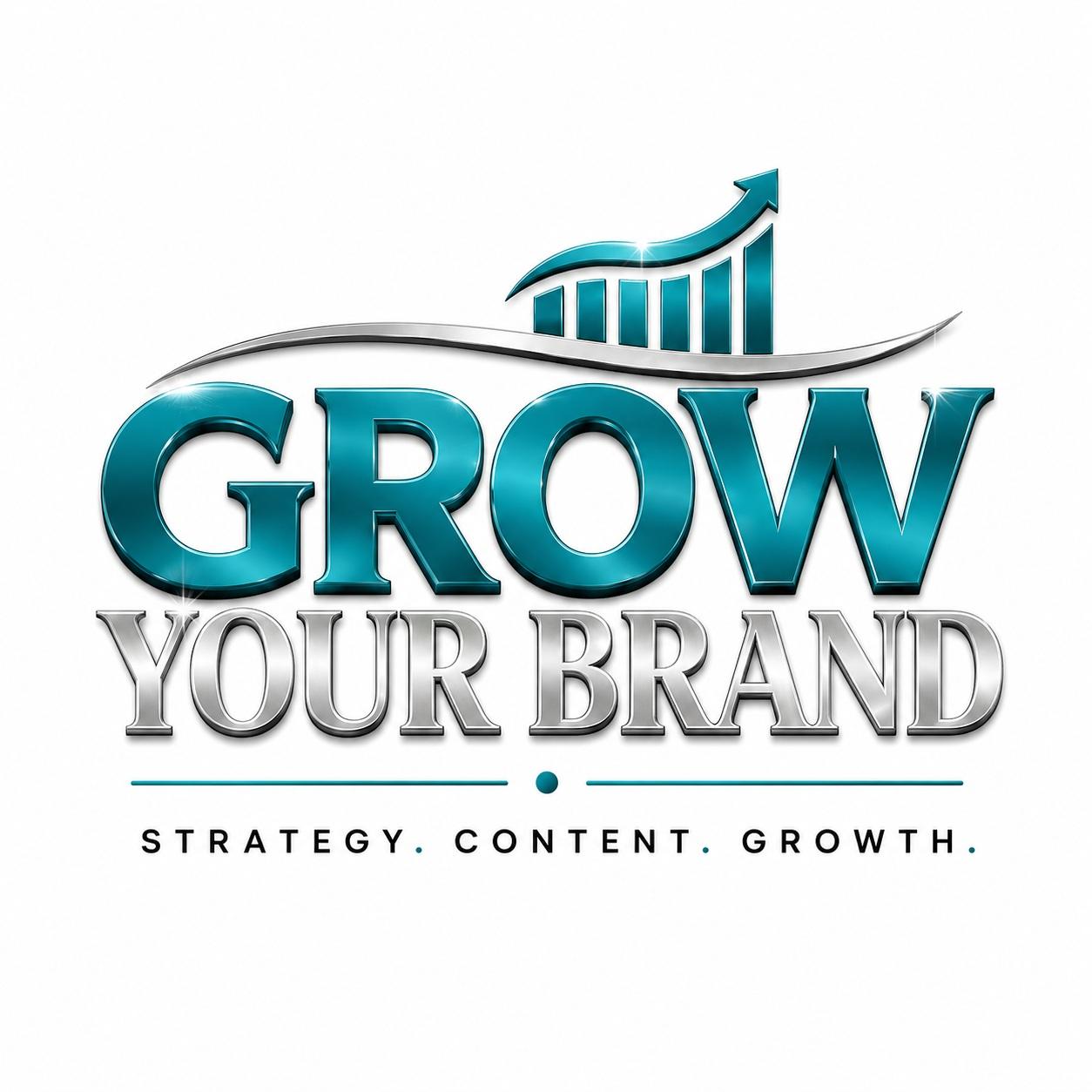 Logo with upward arrow, bar chart, and text 'GROW YOUR BRAND' with tagline 'Strategy. Content. Growth.'