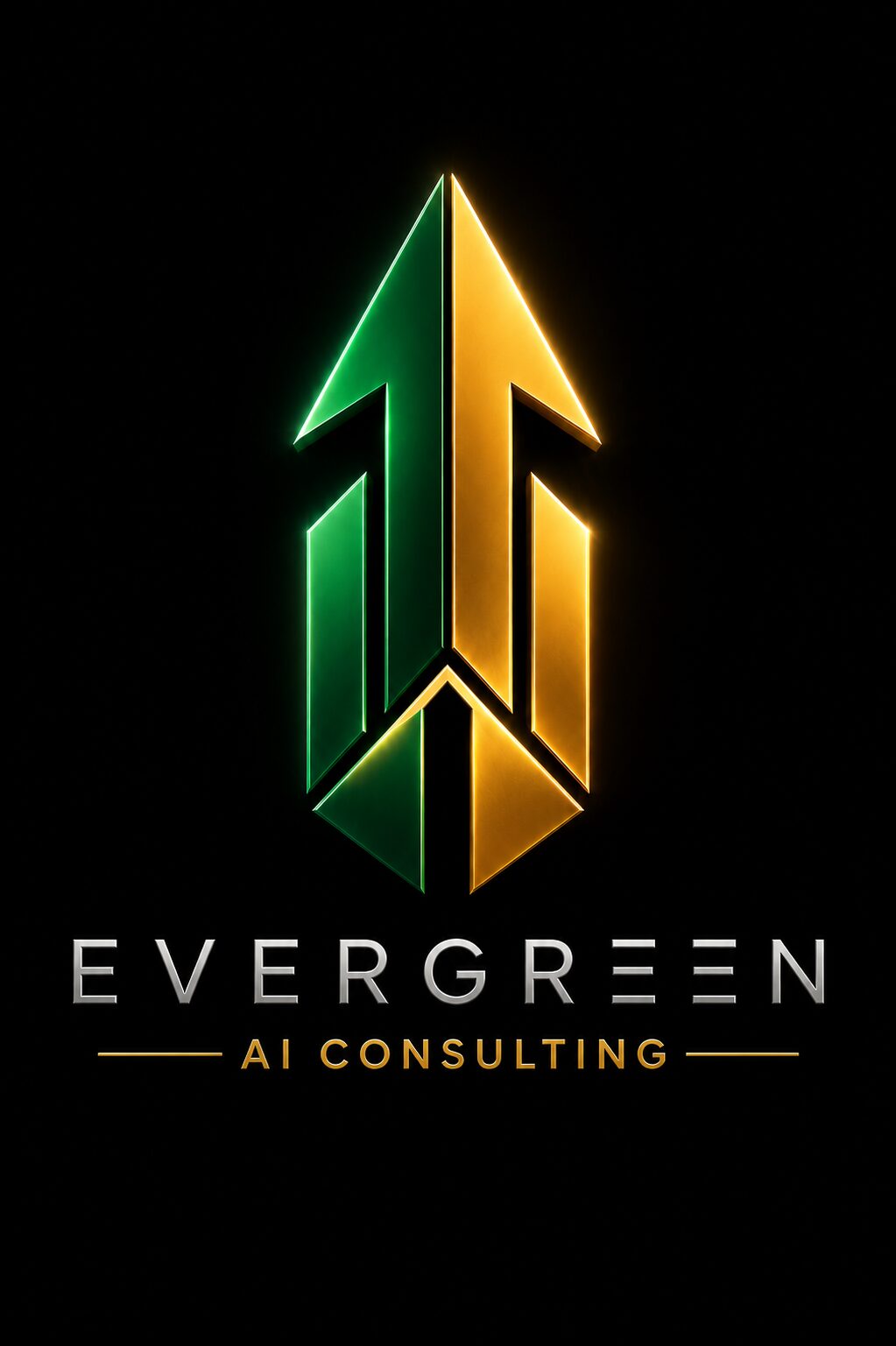Logo with green and yellow arrows forming a stylized tree, with text 'EVERGREEN AI CONSULTING' below.