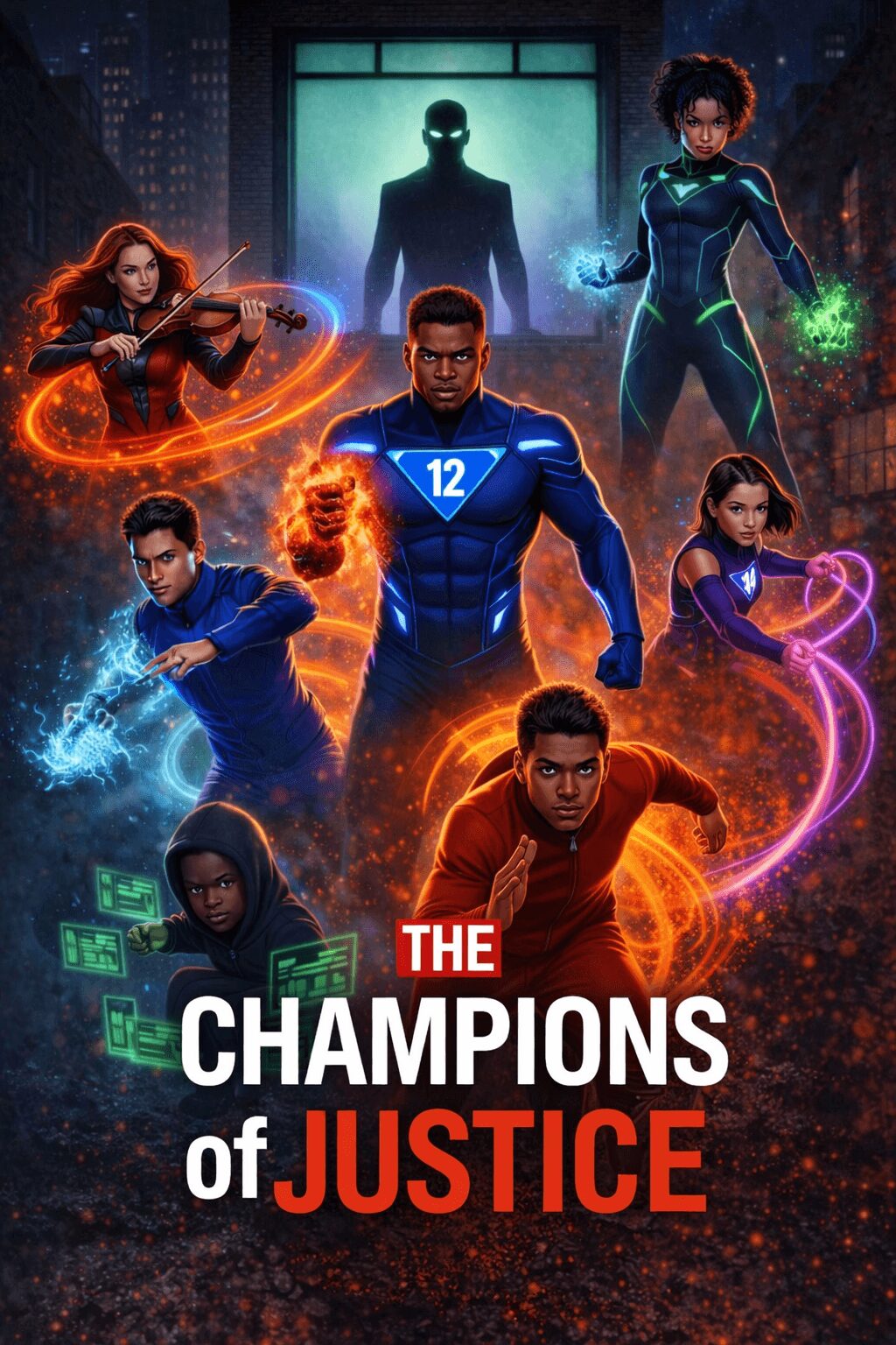 Group of seven diverse superheroes in colorful costumes with powers, standing in a city at night with a large figure in the background.