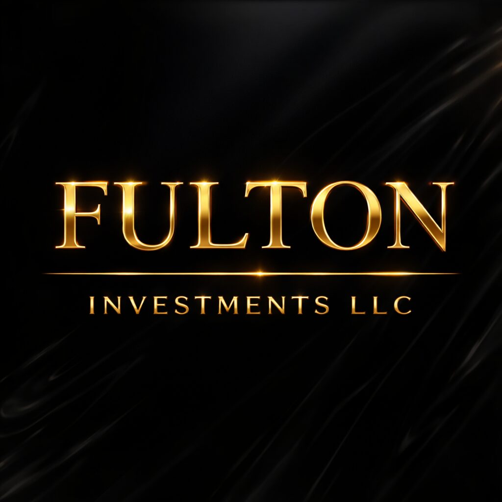 Fulton Investments LLC logo with gold text on black background, elegant design.