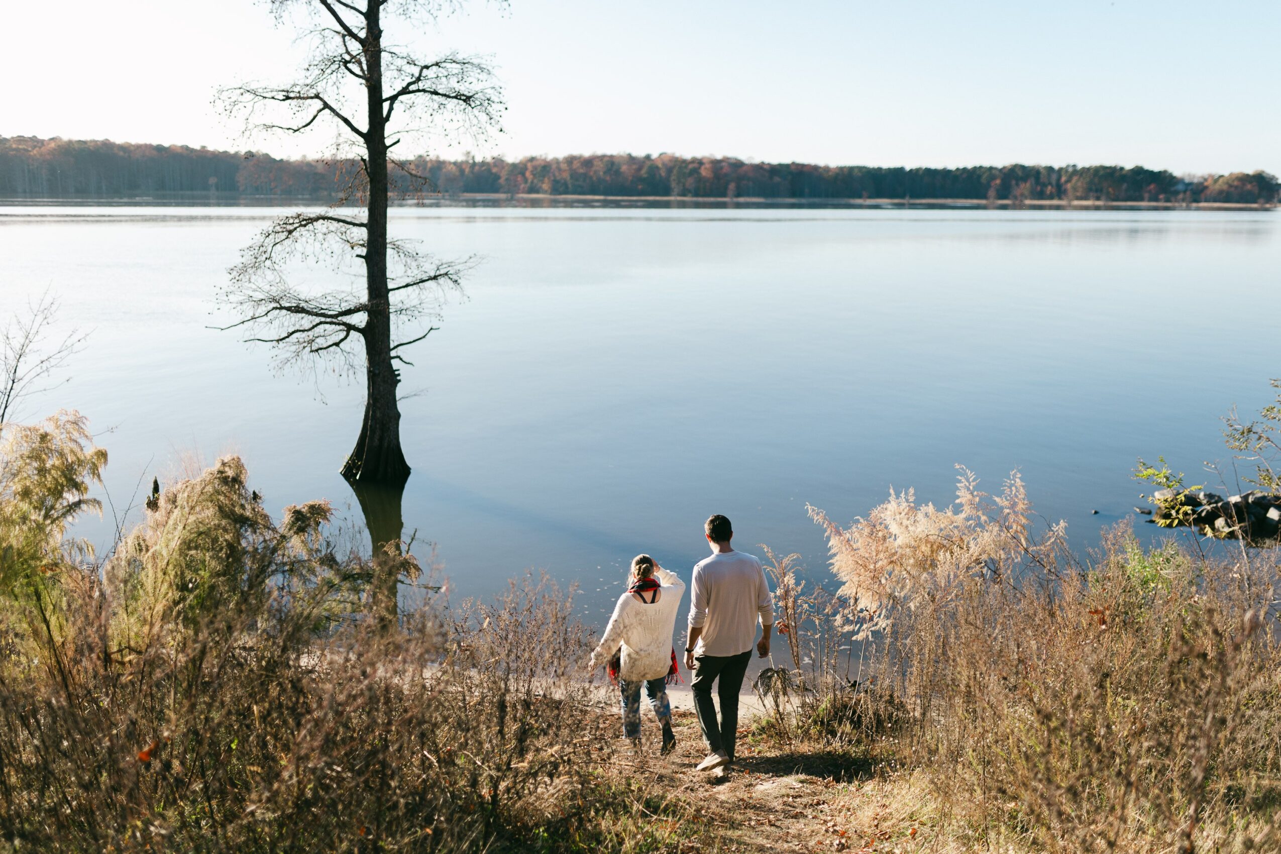 Two people walk along a lakeshore with a tree in water and calm lake in background, autumn foliage visible.
