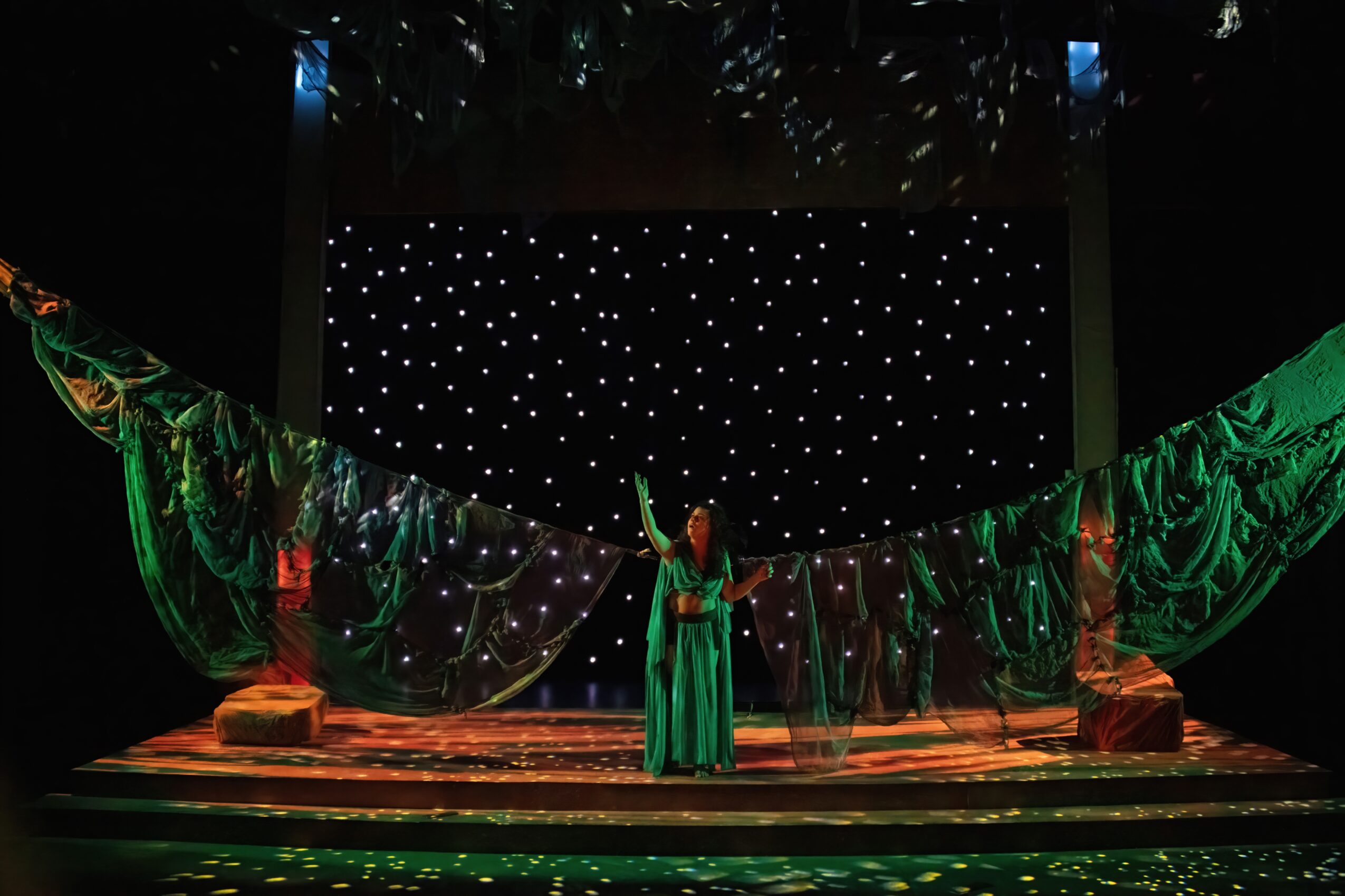 Person standing on stage with green costume, backdrop with star-like lights, and draped green fabric, stage lit with warm lighting.