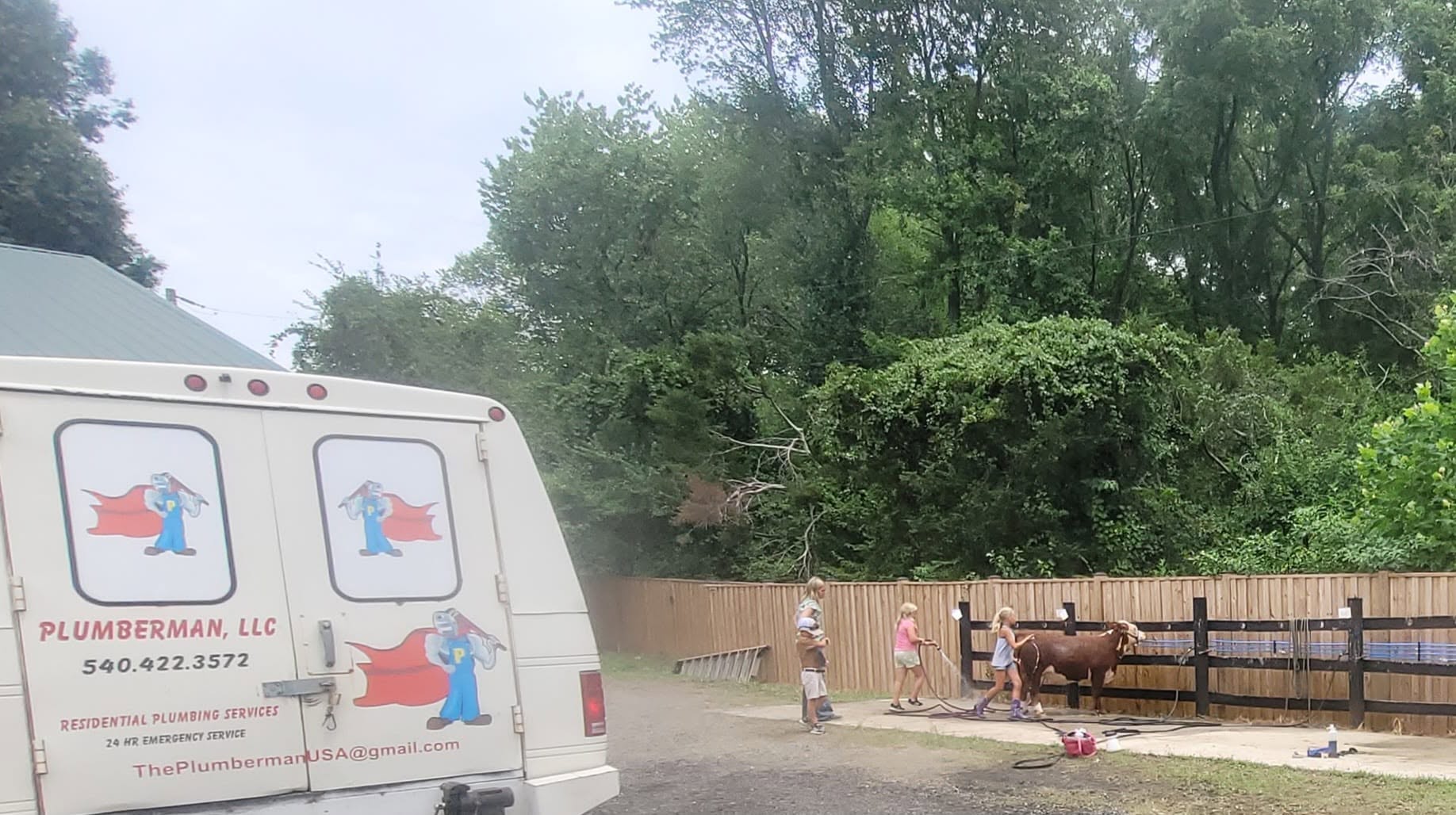 A horse is in a fenced area with a person nearby, and a van is parked on the left side, trees in the background.