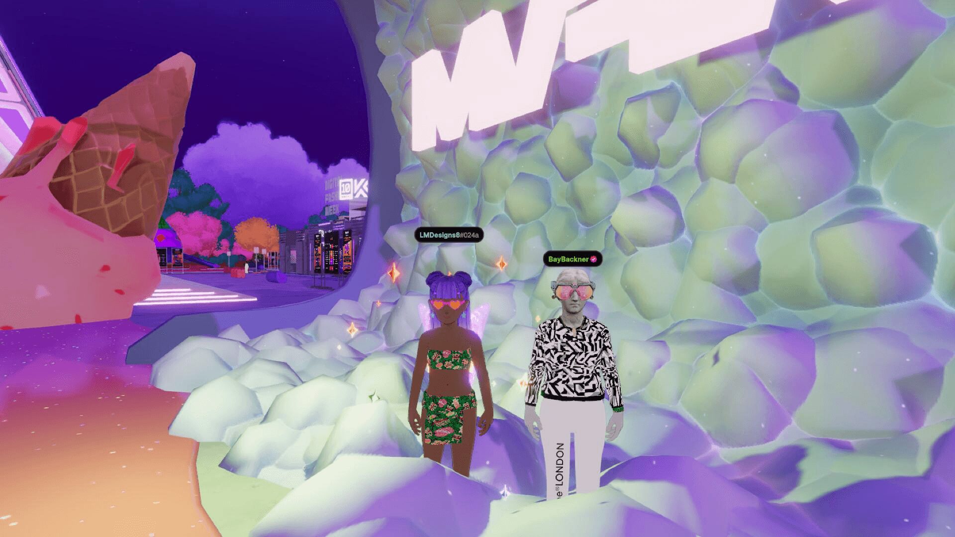 Two animated characters stand in front of a colorful, glowing wall with large text, surrounded by vibrant scenery.