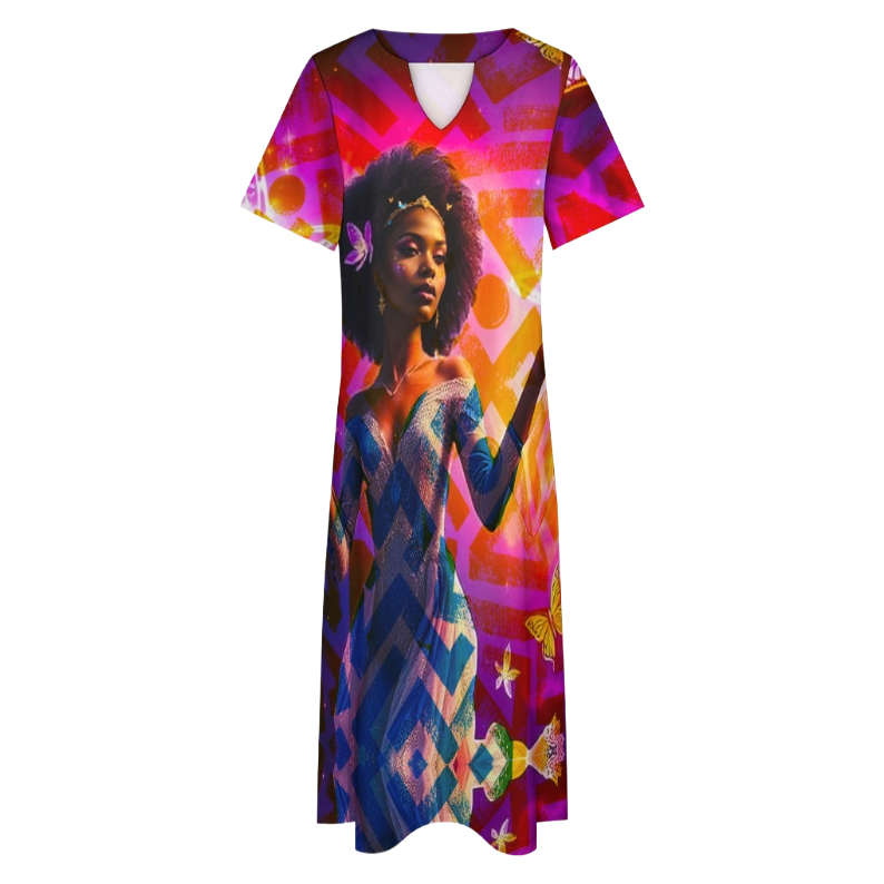 Dress with a woman in a colorful, patterned design, featuring pink, purple, blue, and yellow hues, and a keyhole neckline.
