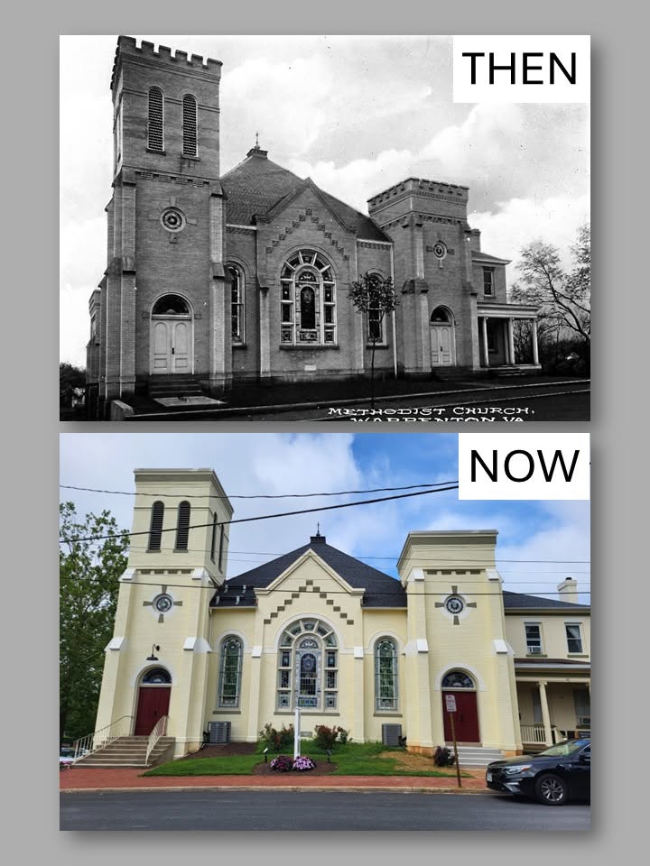 Comparison of an old church before and after renovation, showing a black-and-white and a color image of the building.