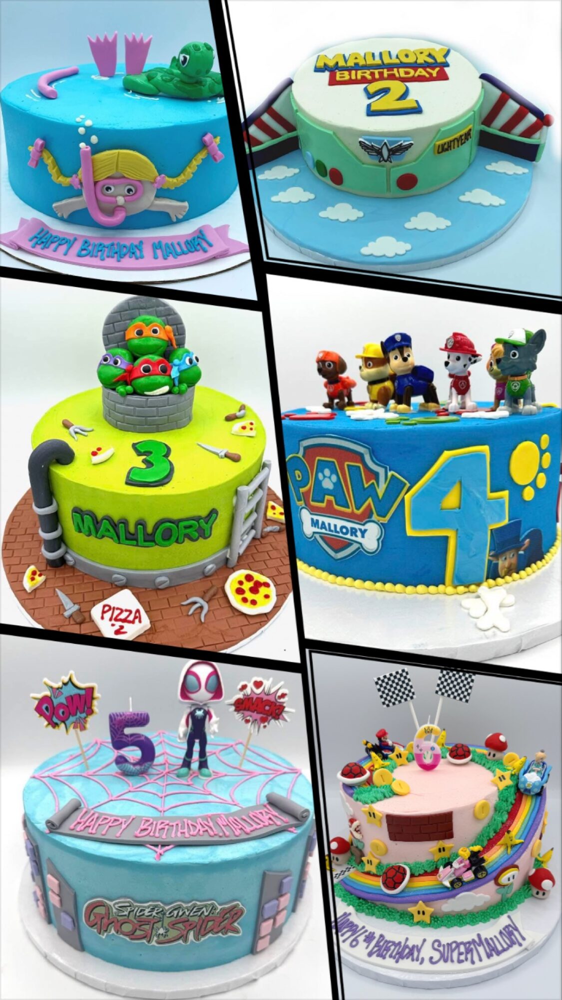 Six colorful birthday cakes with themed decorations and numbers, celebrating children's birthdays.