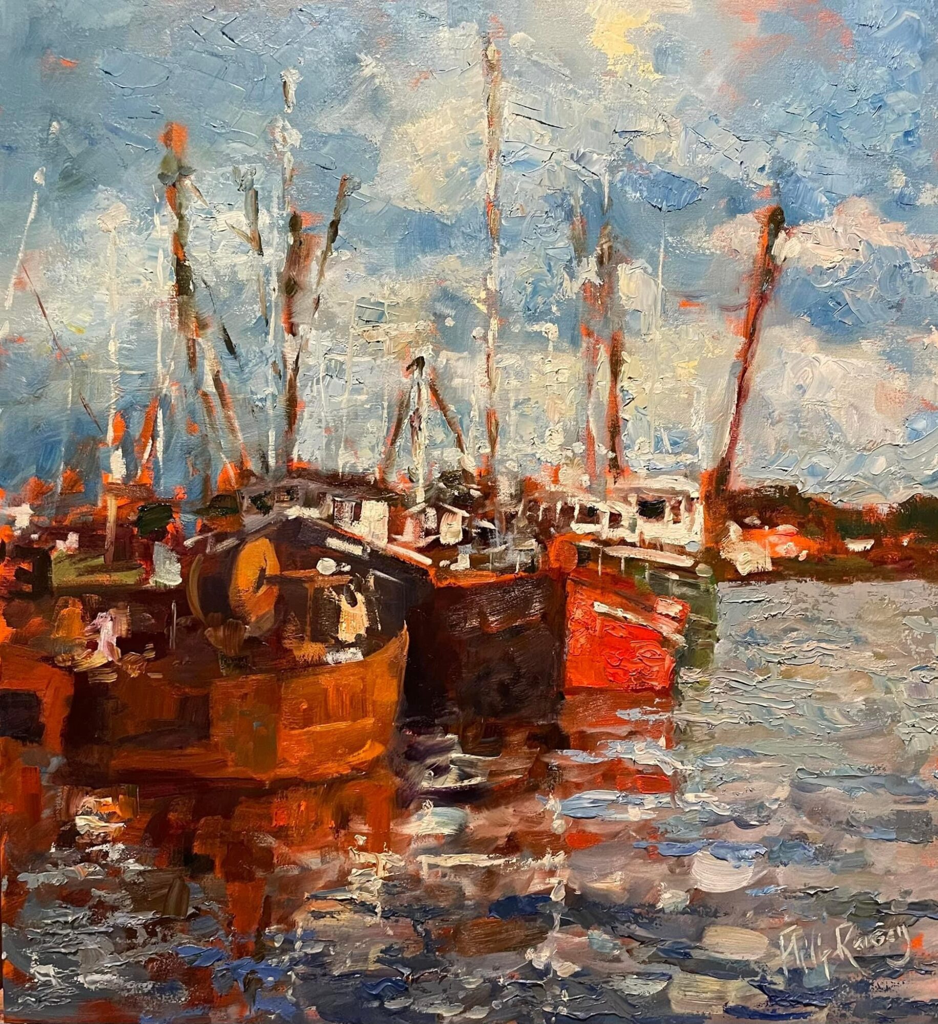Boats docked at a harbor with water reflecting the sky and boats, painted in an impressionist style with visible brushstrokes.