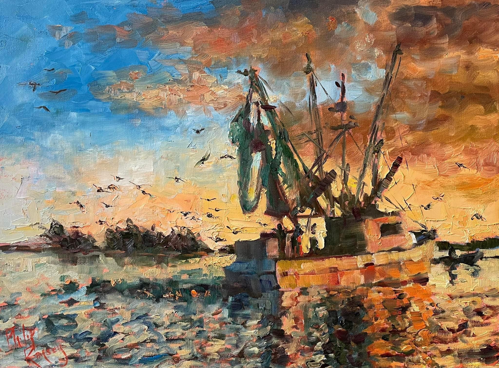 A painting of a harbor scene with a boat, water, and a colorful sky at sunset or sunrise.