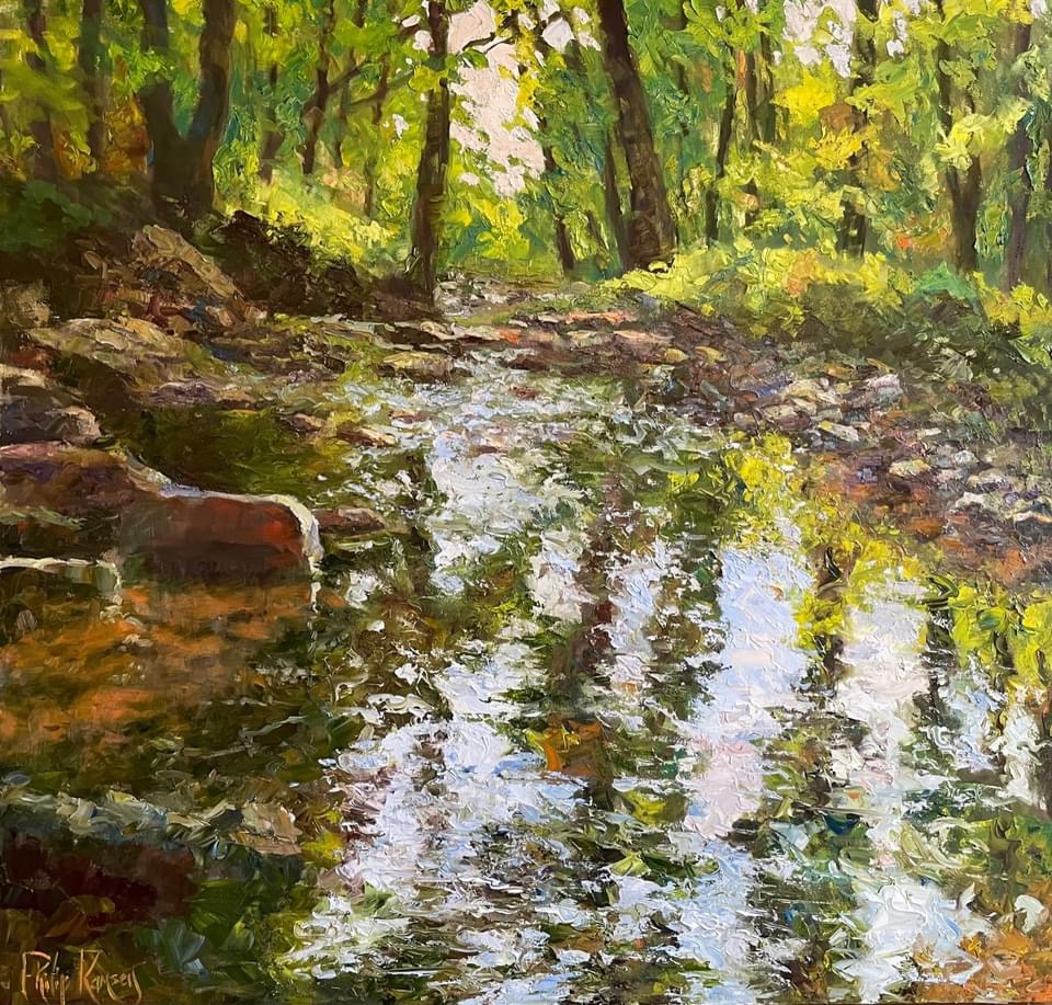 A peaceful forest scene with a stream reflecting trees and sunlight, surrounded by lush green foliage.