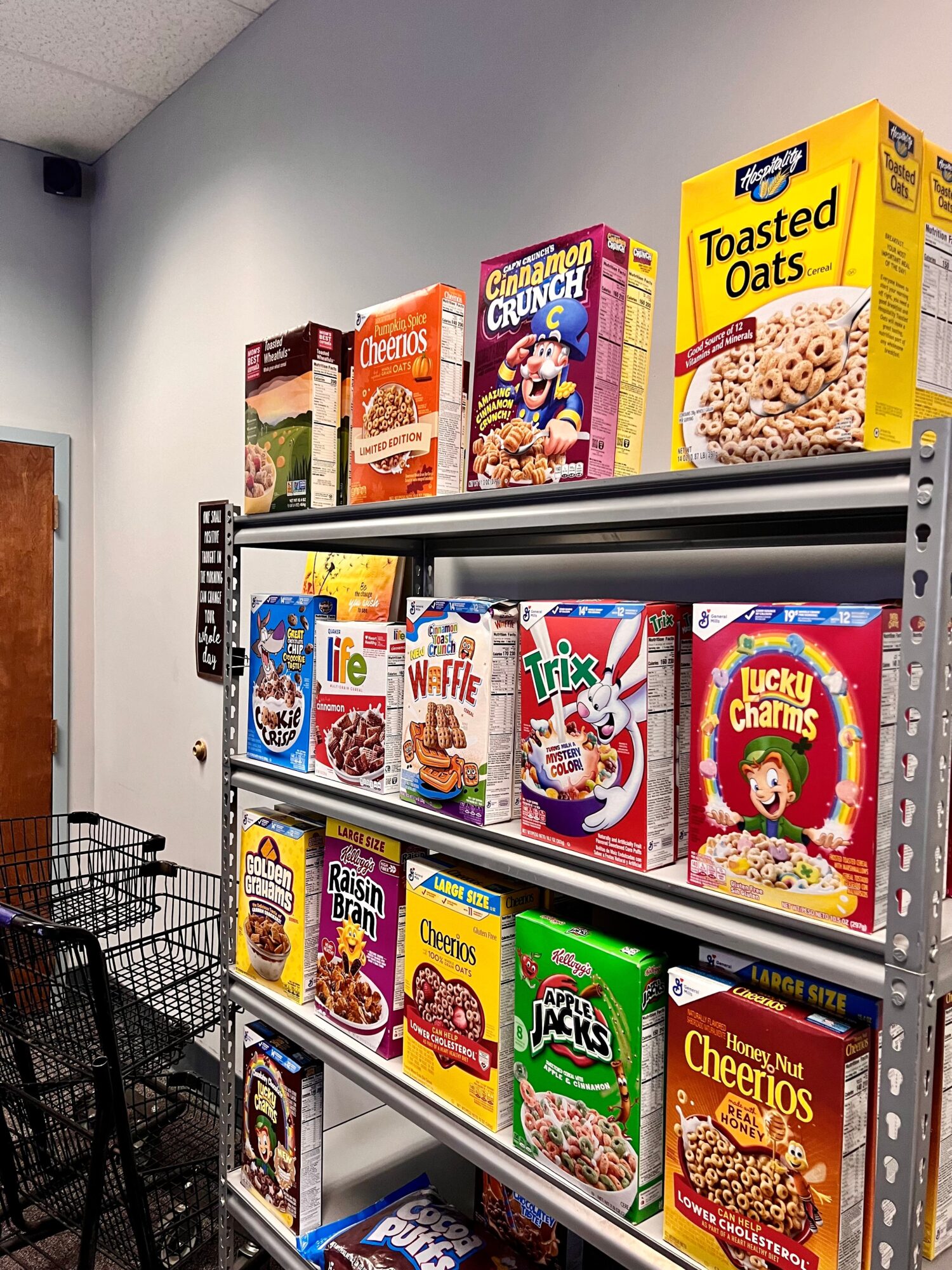 Shelf with cereal boxes, including Cheerios, Cinnamon Toast Crunch, Lucky Charms, and Froot Loops, against a plain wall.