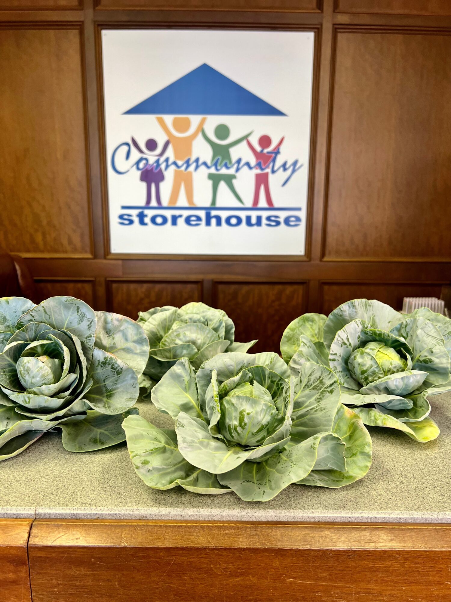 Decorative green cabbage-like plants on a table in front of a wooden wall with a community storehouse sign.