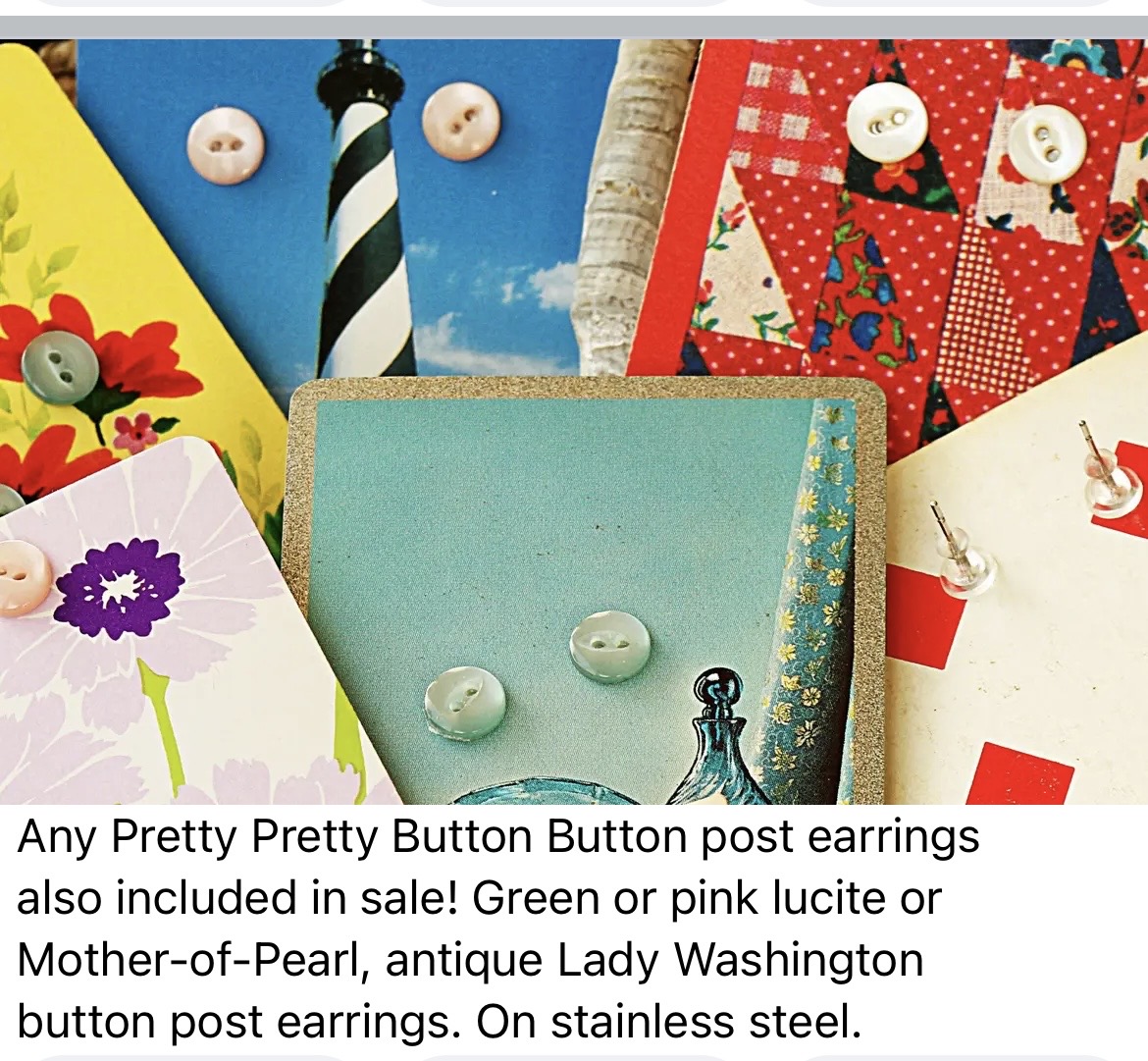Close-up of various button earrings on colorful backgrounds, with a small box and holiday-themed decorations, in a sale advertisement.