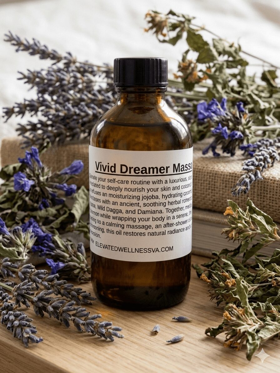 Amber bottle labeled 'Vivid Dreamer Mask' surrounded by dried lavender and herbs on a wooden surface.