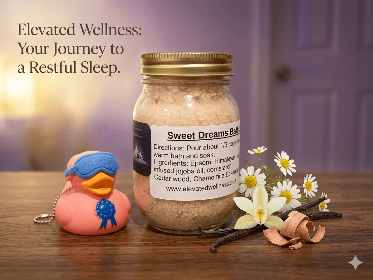 Jar labeled 'Sweet Dreams Bath' with flowers and a duck figurine on a wooden surface, background of a door and wall.
