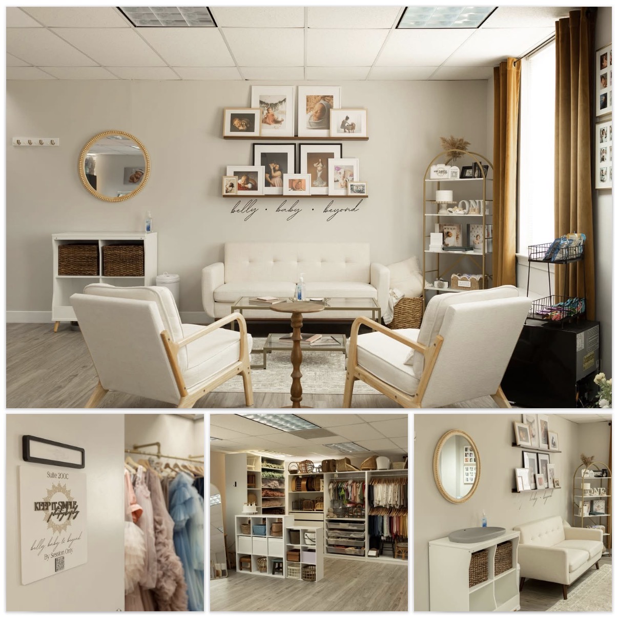 Living room with white sofa, armchairs, wall art, bookshelf, and window with curtains, decorated in neutral tones.