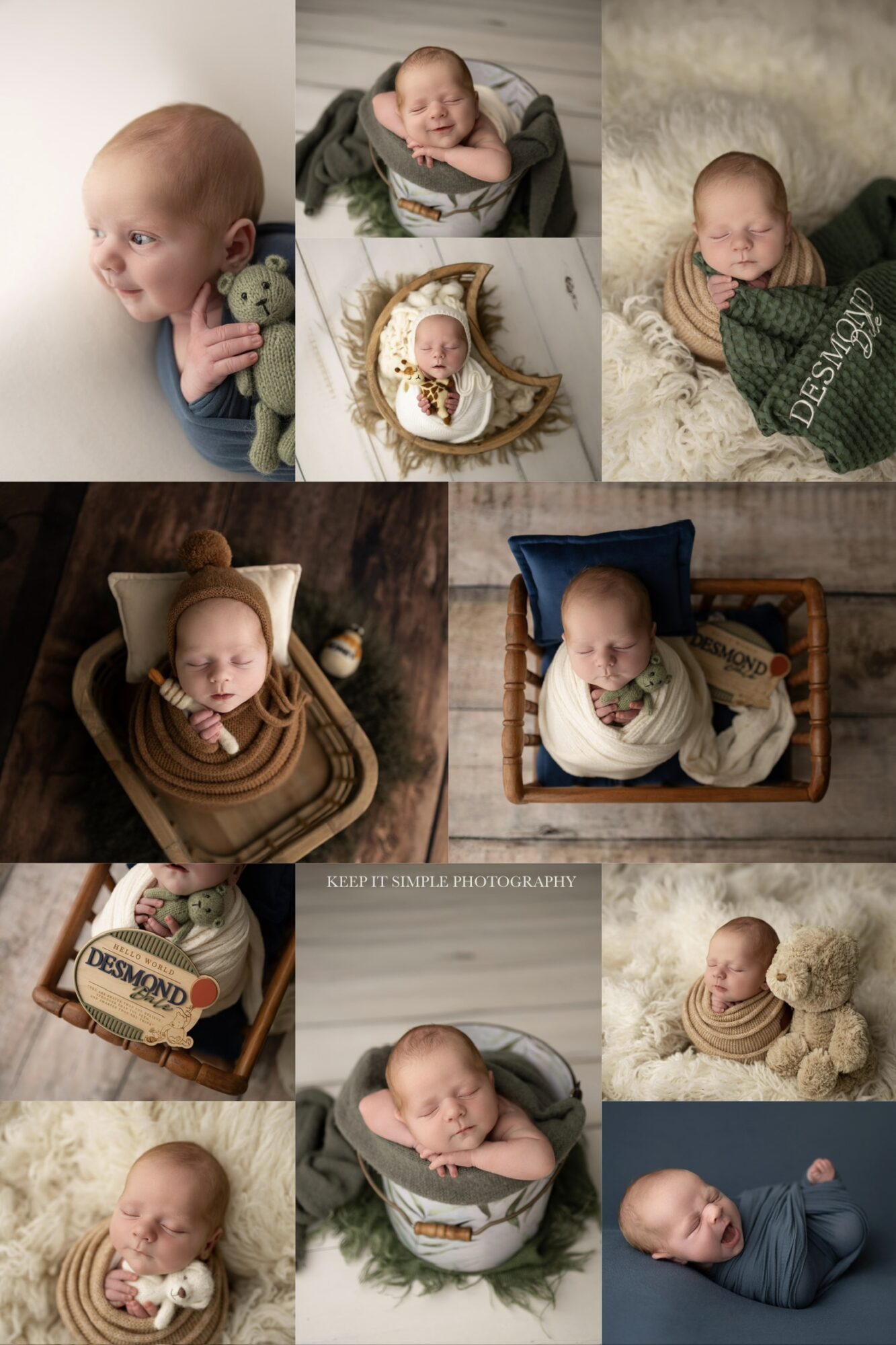 Collection of nine baby photos, including sleeping, playing, and posing with various backgrounds and props.