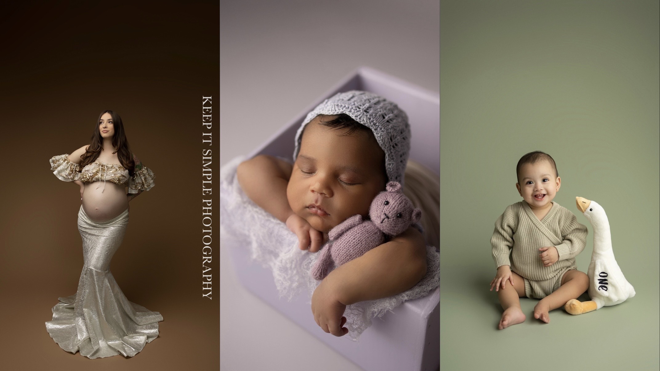 Three photos: a pregnant woman in a gown, a sleeping baby with a hat and teddy bear, a child with a toy duck, on plain backgrounds.