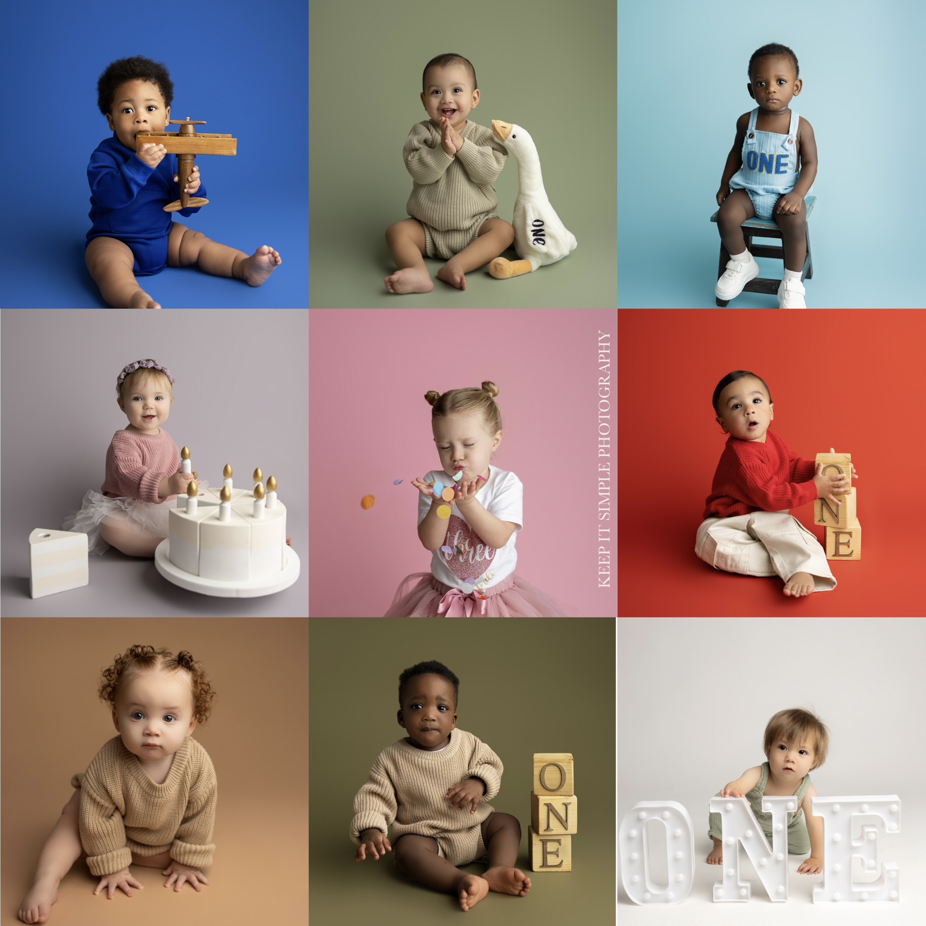 Nine children sitting or playing with toys, each against different colored backgrounds, some with toys, some with cakes or blocks.