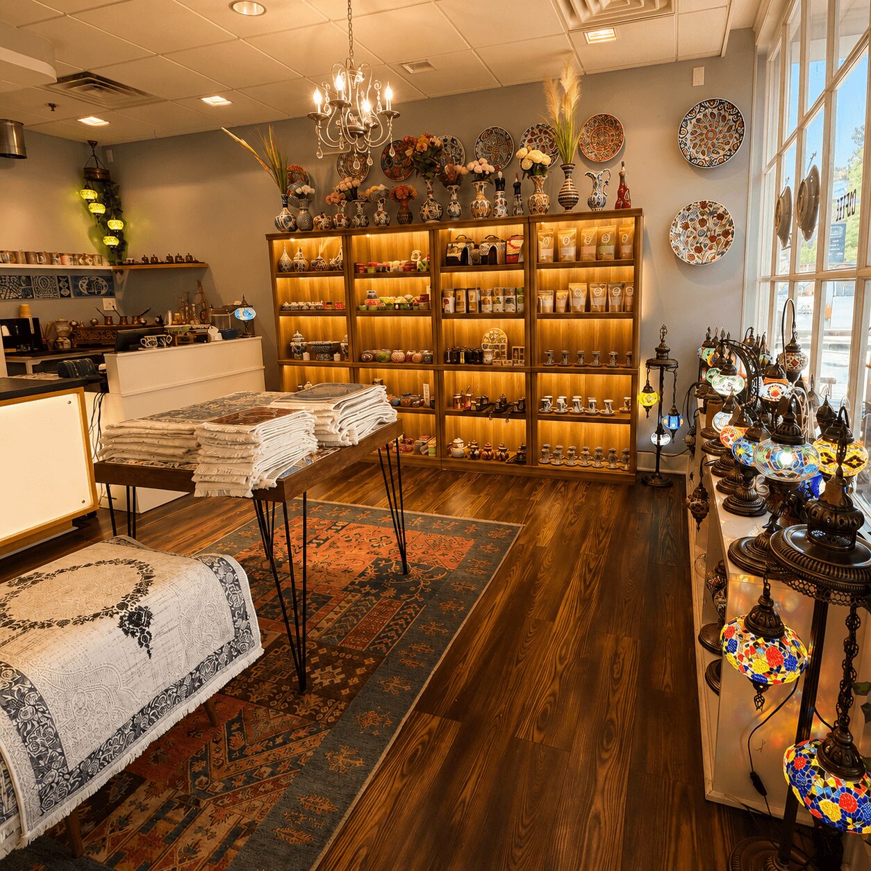 Interior of a store with shelves of colorful glassware, flowers, and decorative items, wooden flooring, and sunlight through large windows.