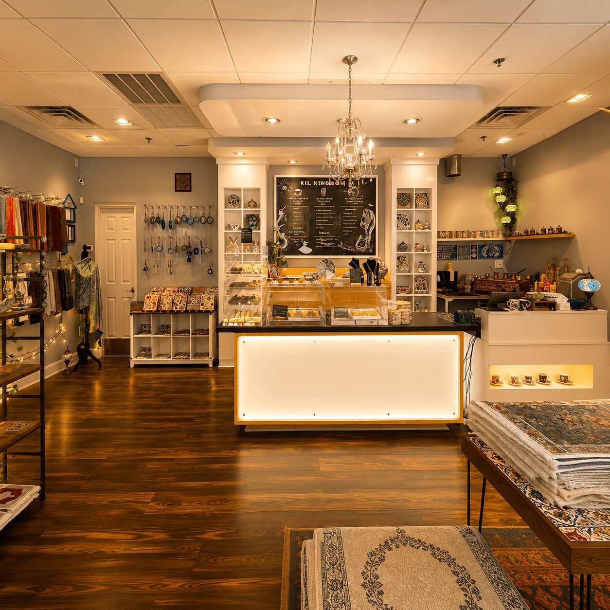 Interior of a retail store with a illuminated counter, shelves with products, and a chalkboard menu on the wall.