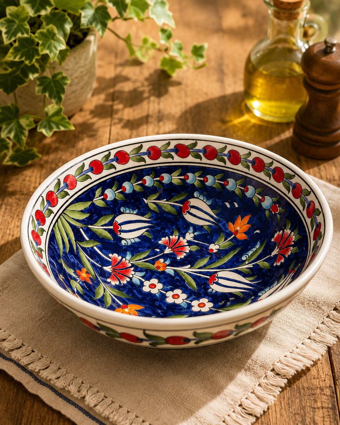 Decorative ceramic bowl with floral and striped patterns on a tablecloth, with plants and bottles in the background.