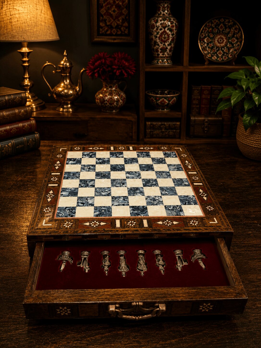 Chessboard on a wooden table with decorative items and shelves in a dimly lit room.