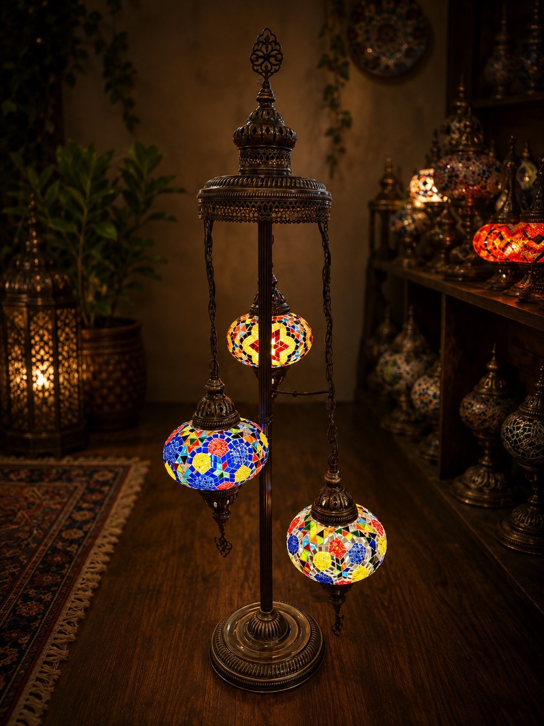 Three hanging mosaic lamps with colorful glass, in a dimly lit room with decorative items and plants.