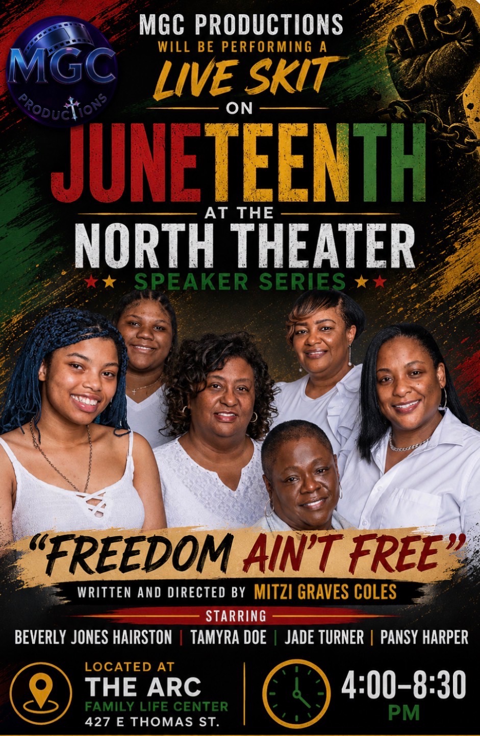Group of six smiling women posing together, promotional poster for Juneteenth event at North Theater, scheduled 4:00-8:30 PM.