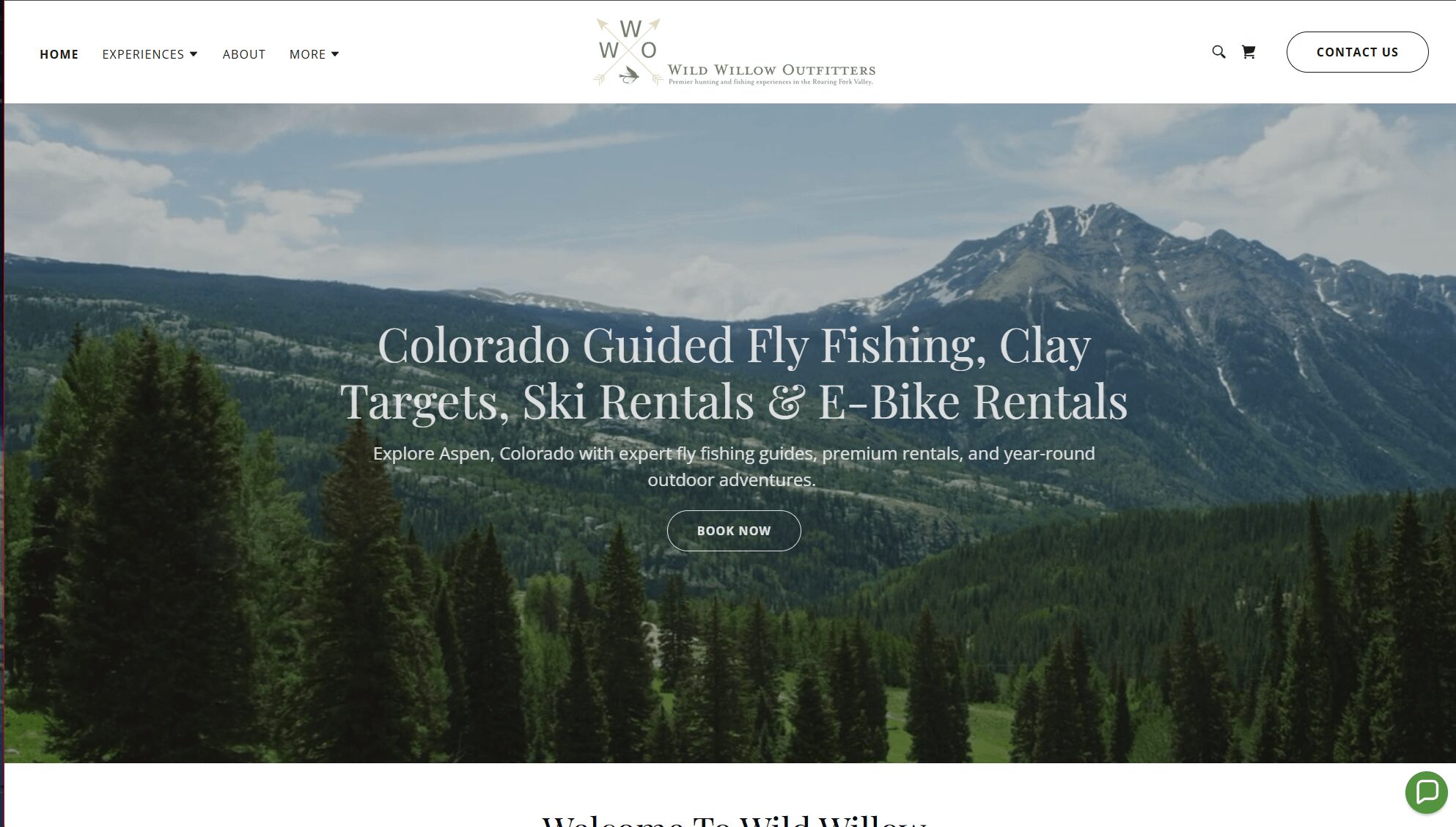 Mountain landscape with trees and sky, overlaid text about fly fishing, clay targets, ski rentals, and e-bike rentals in Colorado.