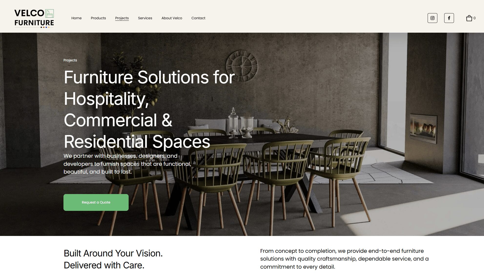 Website homepage for Velco Furniture showing a dining room with a large table and chairs, text about furniture solutions.