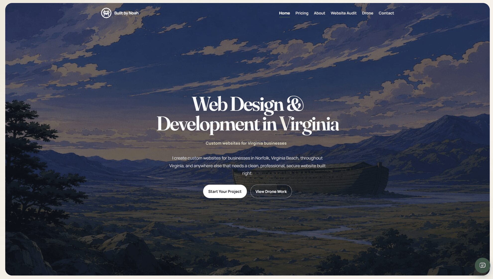 Website homepage with a landscape background, text about web design in Virginia, and navigation menu at top.