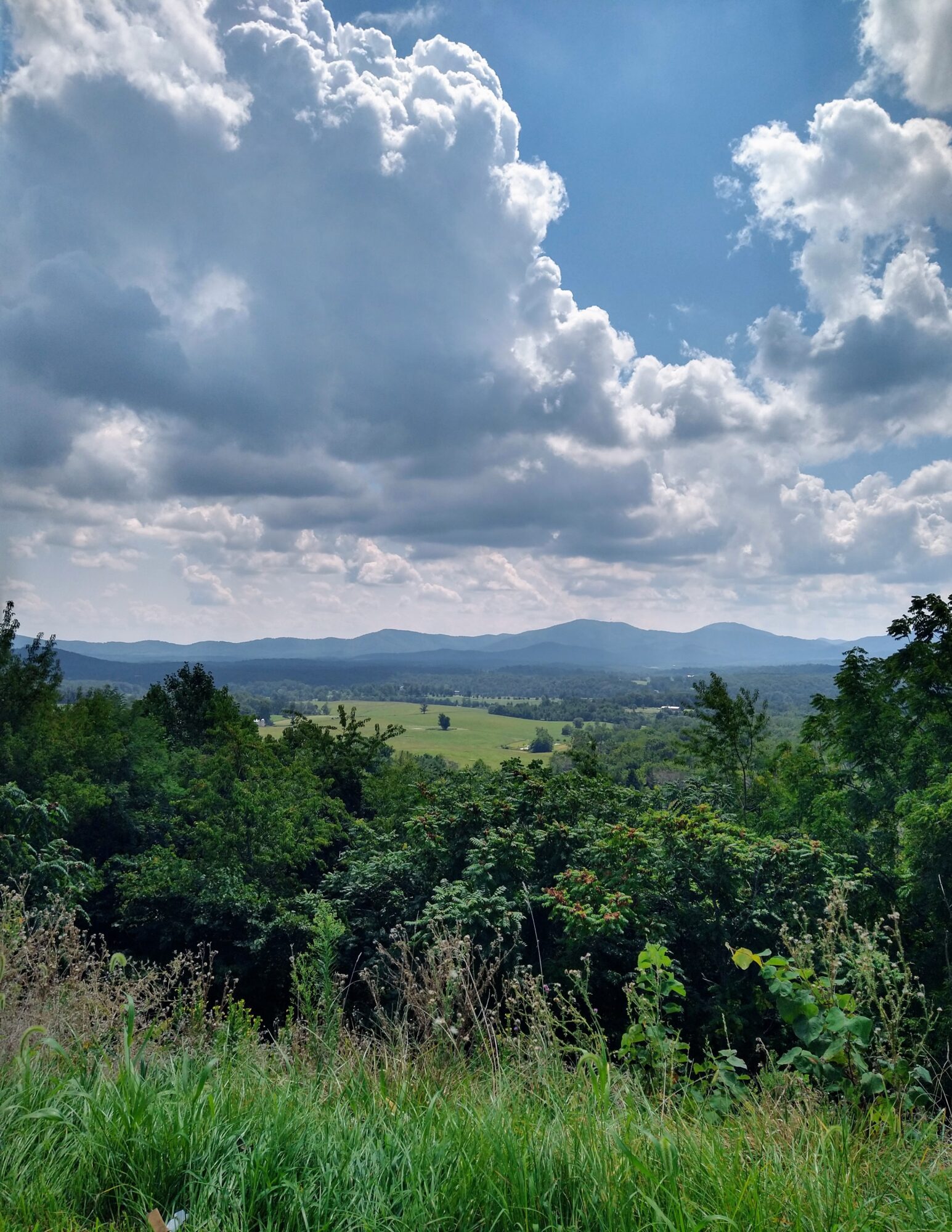 Scenic landscape with green trees, rolling hills, and a partly cloudy sky.