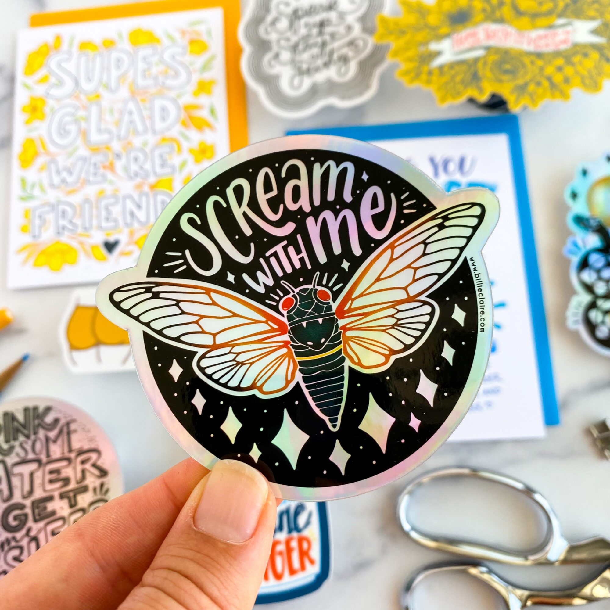 Sticker with a butterfly and the text 'Scream with me' on a black background.