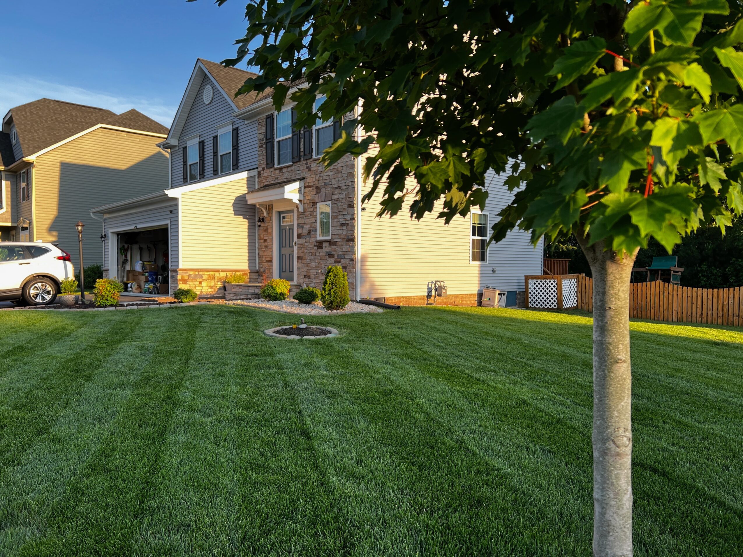 Front yard with green lawn, house with yellow and gray exterior, tree in foreground, and clear blue sky.