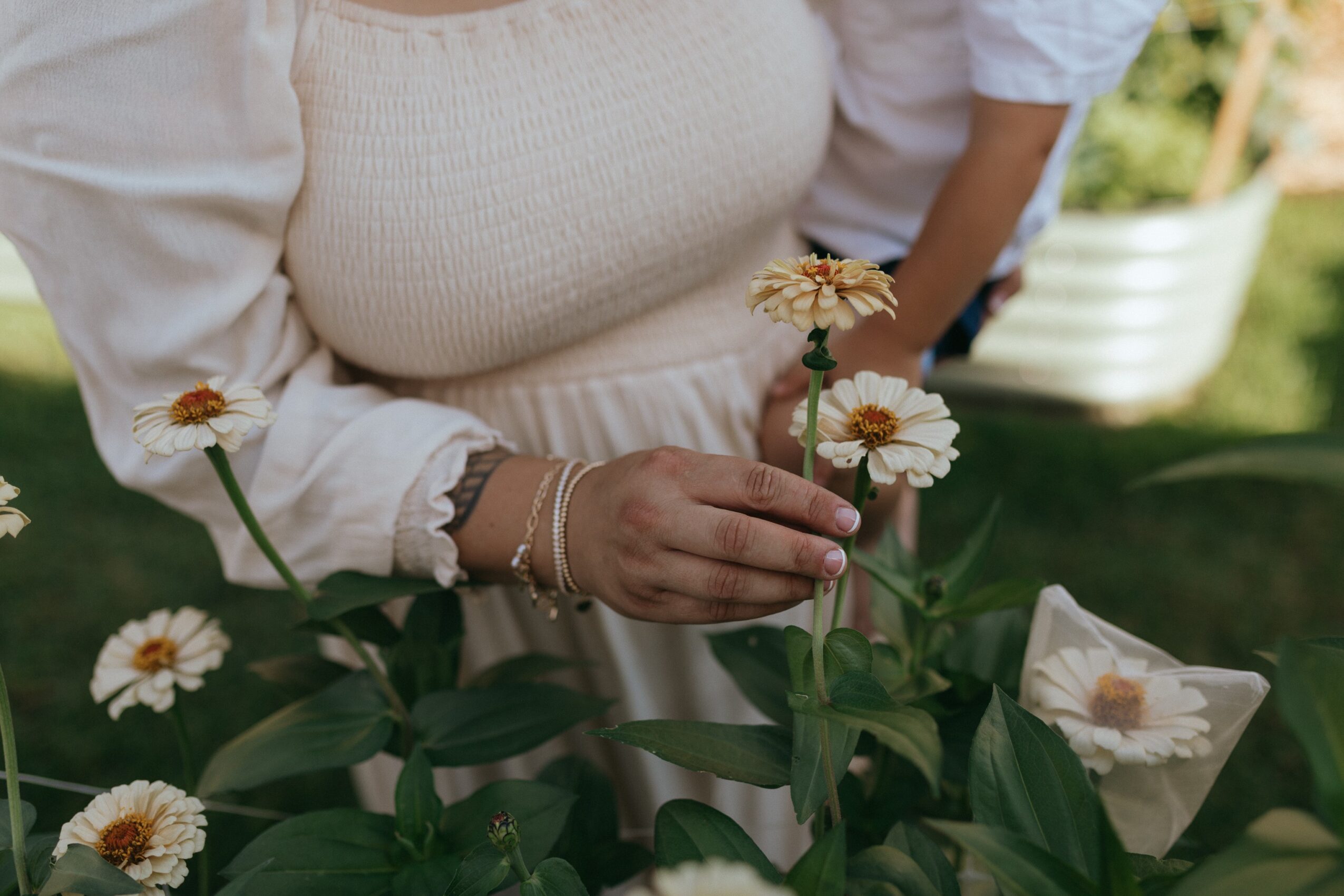 Person holding a daisy flower in a garden with green plants and a white container in the background.