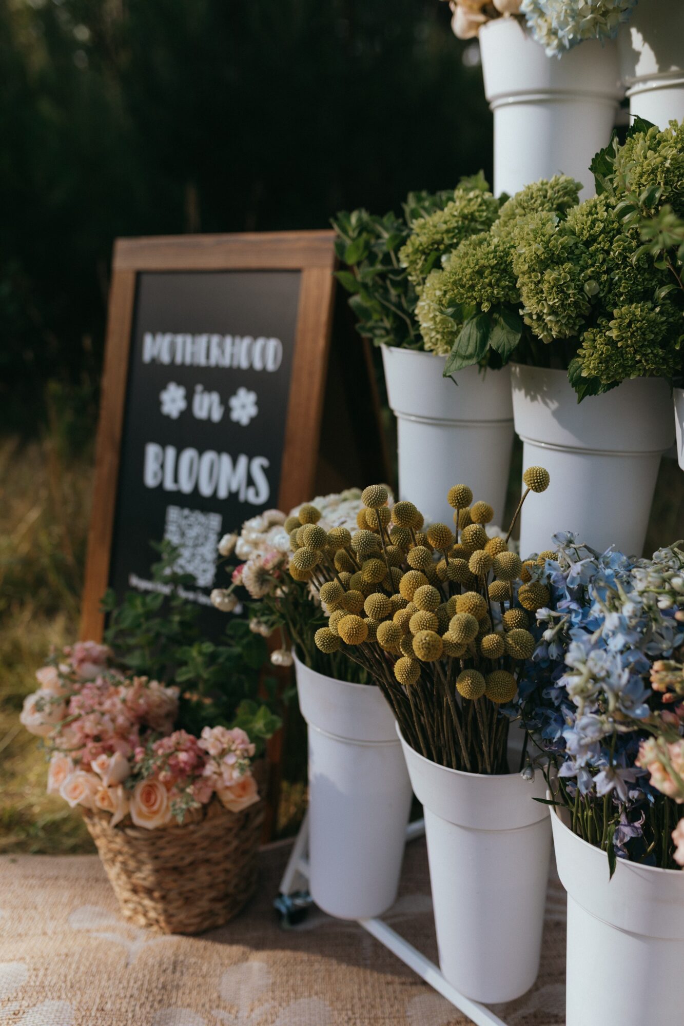 Display of potted green and blue flowers with a chalkboard sign in the background, outdoors, with a basket of pink flowers nearby.