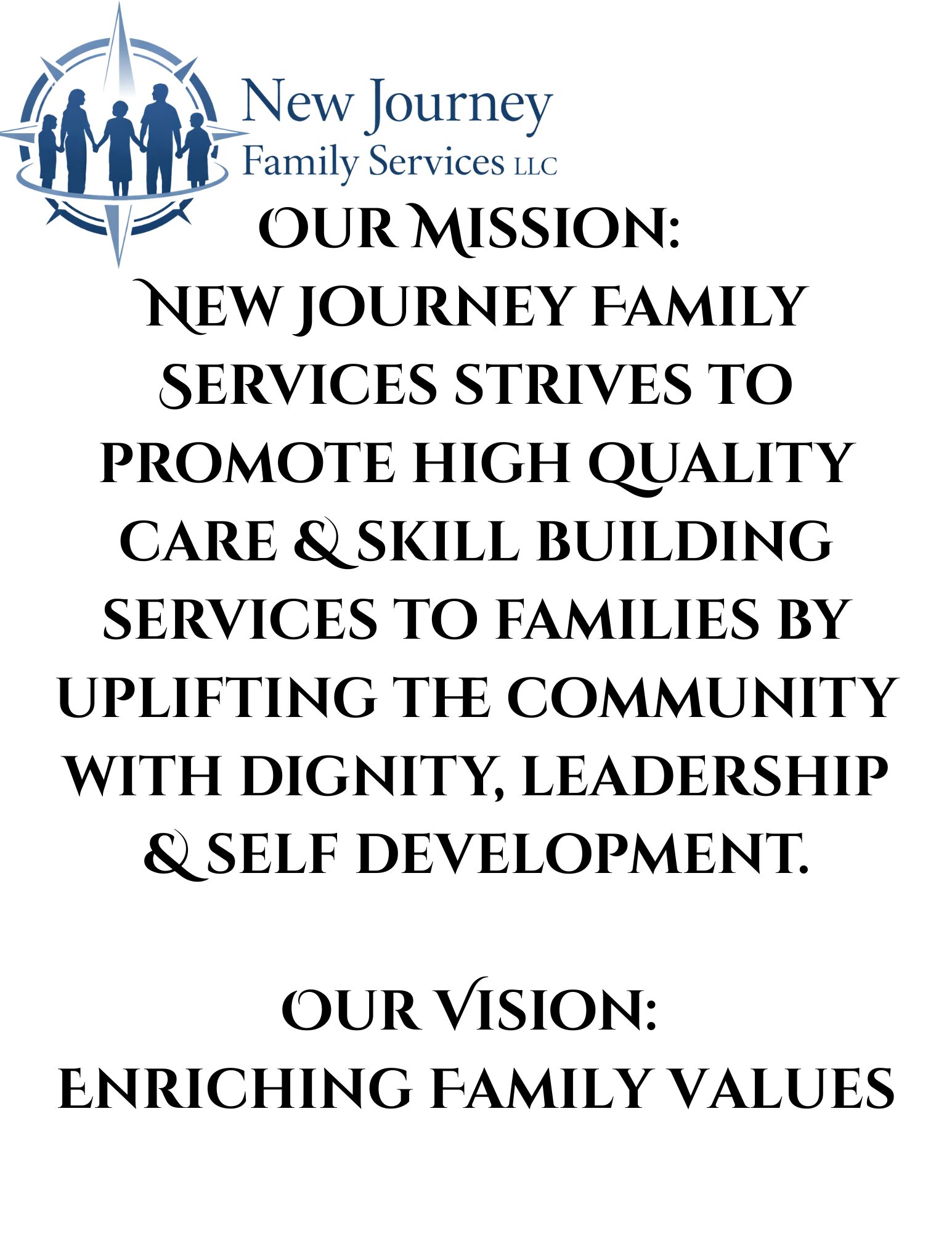 Text-based mission and vision statements for New Journey Family Services, emphasizing family support, community upliftment, dignity, leadership, and values.