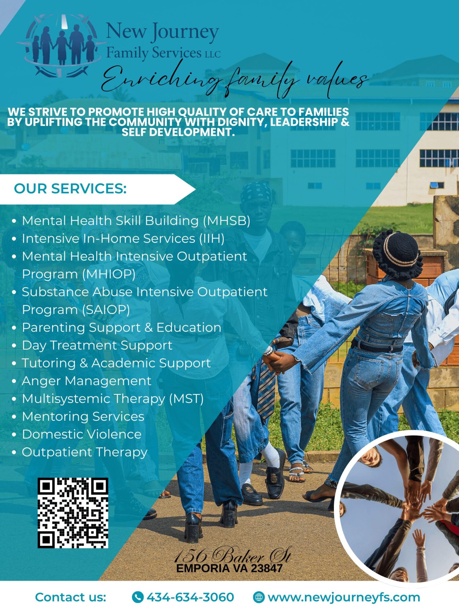 Group of children walking outdoors with a woman, blue sky, and text about family services and programs, contact info, and QR code.