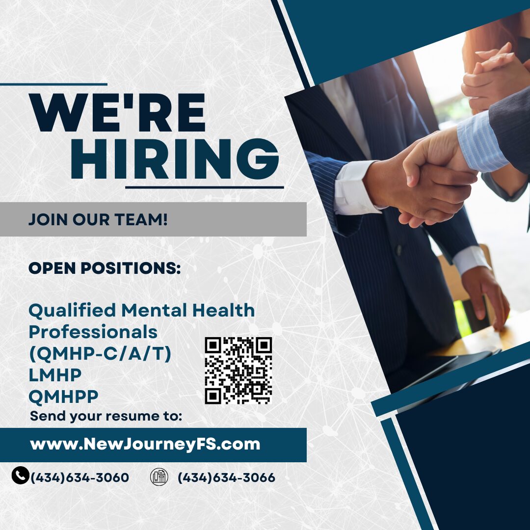 Handshake between two people in business suits, with a 'We're Hiring' sign and contact information below.