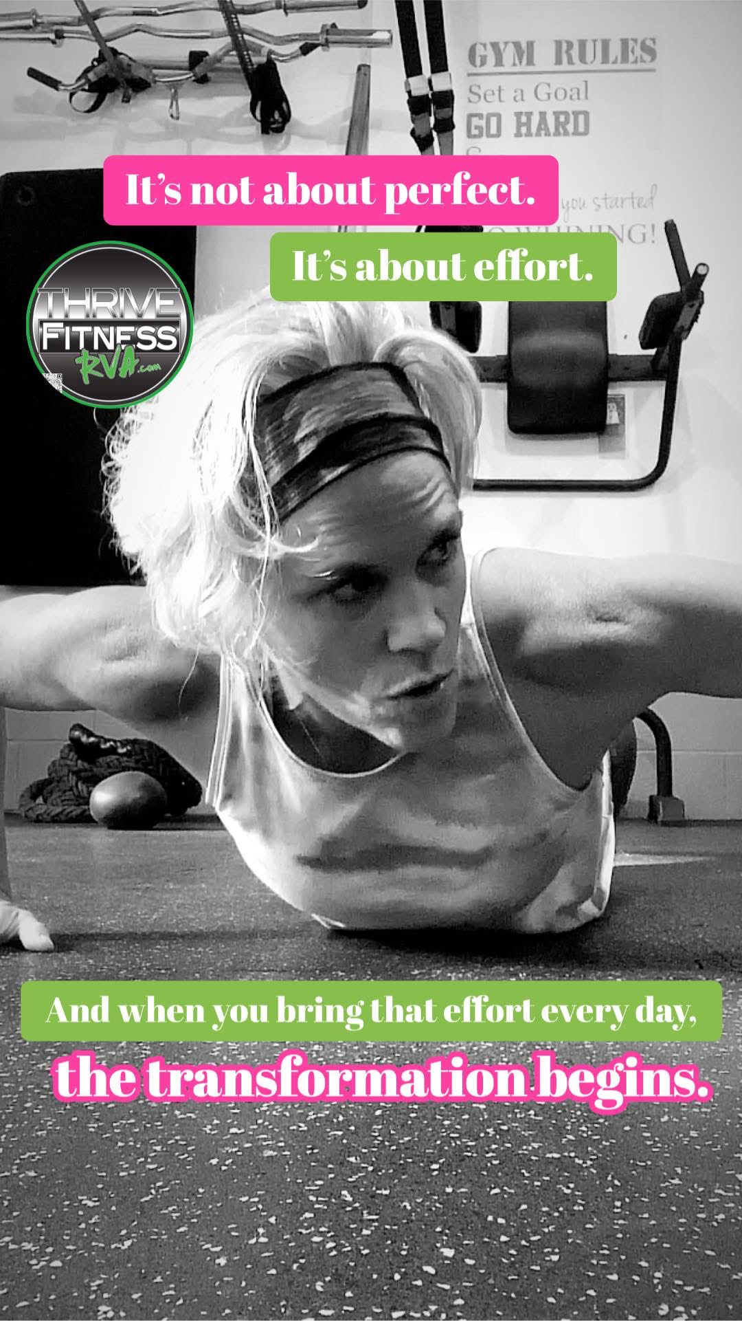 Woman doing push-up in gym with motivational text overlays about effort and transformation.