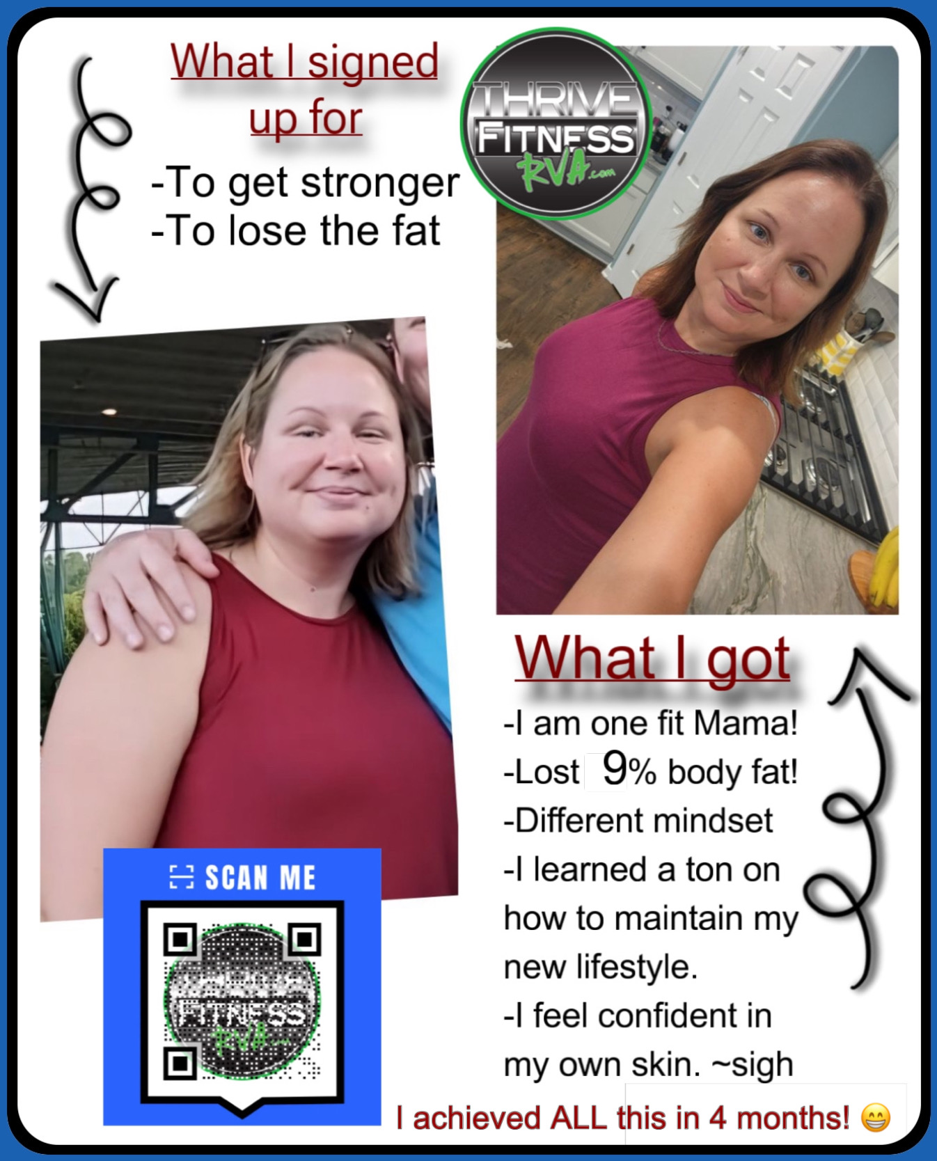 Two women smiling, one in a red top, the other in a pink top, with text about fitness journey and achievements.