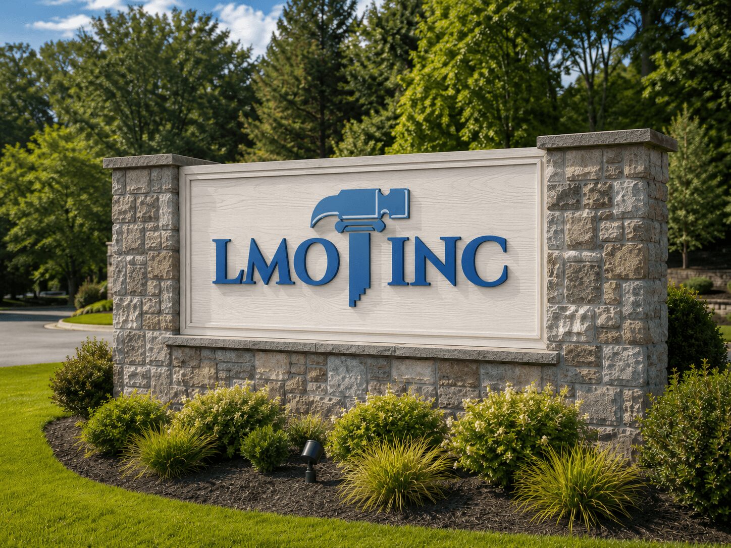 Stone sign with blue logo and text reading 'LMO INC' in front of trees and greenery.