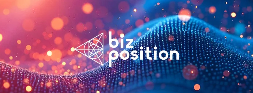 Business logo with geometric design and text on a colorful, abstract digital background.