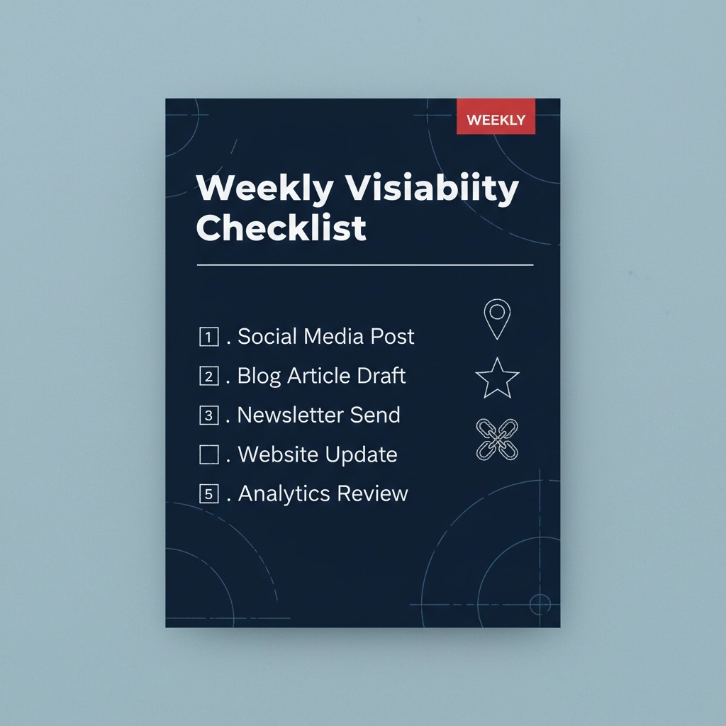 Checklist titled Weekly Visibility Checklist with five items and icons, on a dark blue background.