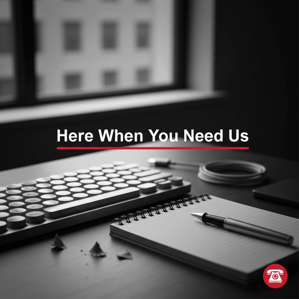 Desk with keyboard, notepad, pen, and coiled cable near window, with text 'Here When You Need Us'.