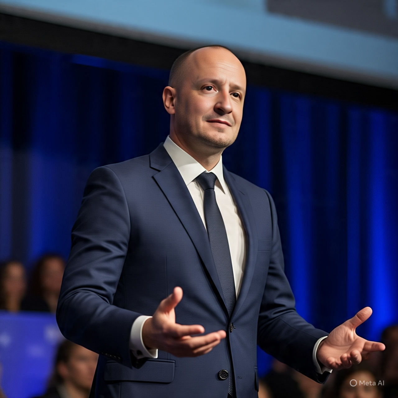 Man in a dark suit and tie speaking with hands gesturing, blue curtain background.