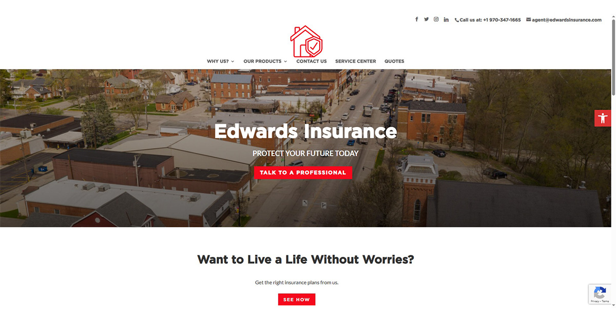 Website homepage for Edwards Insurance with a cityscape background and a red button labeled 'Talk to a Professional'.