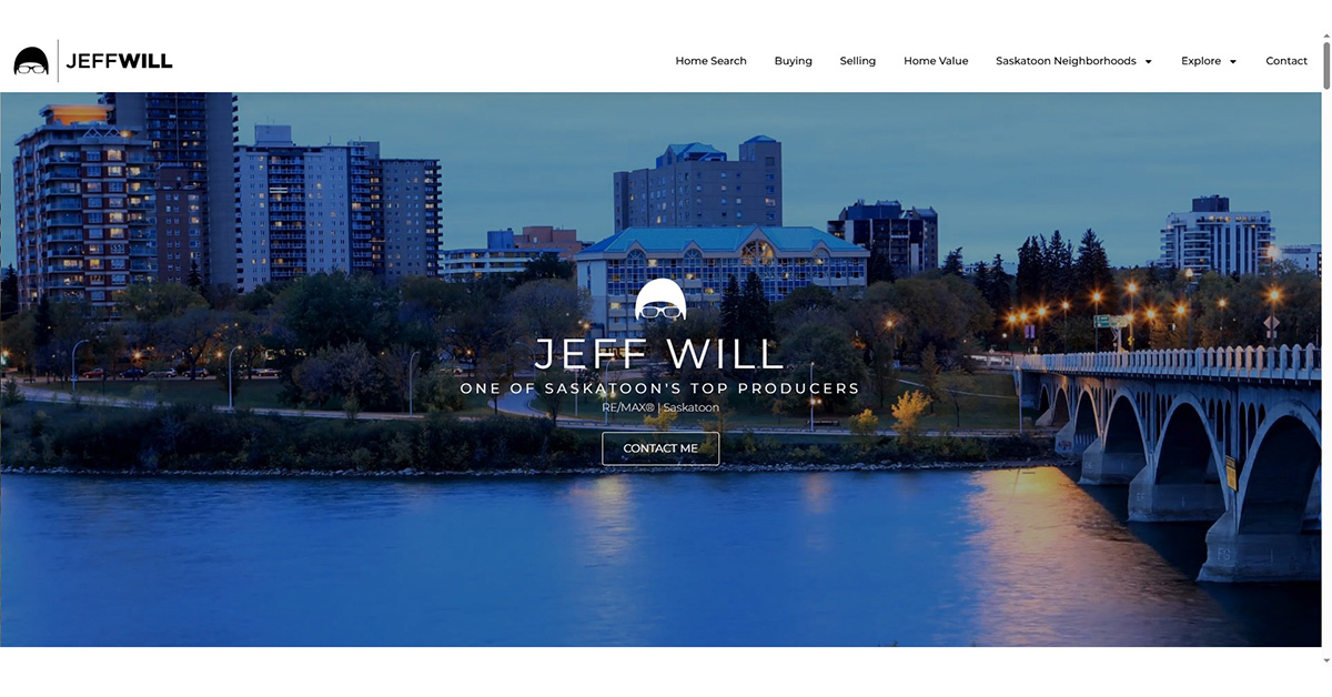 City skyline with buildings and a bridge over a river at dusk, with the text 'Jeff Will' and a logo.