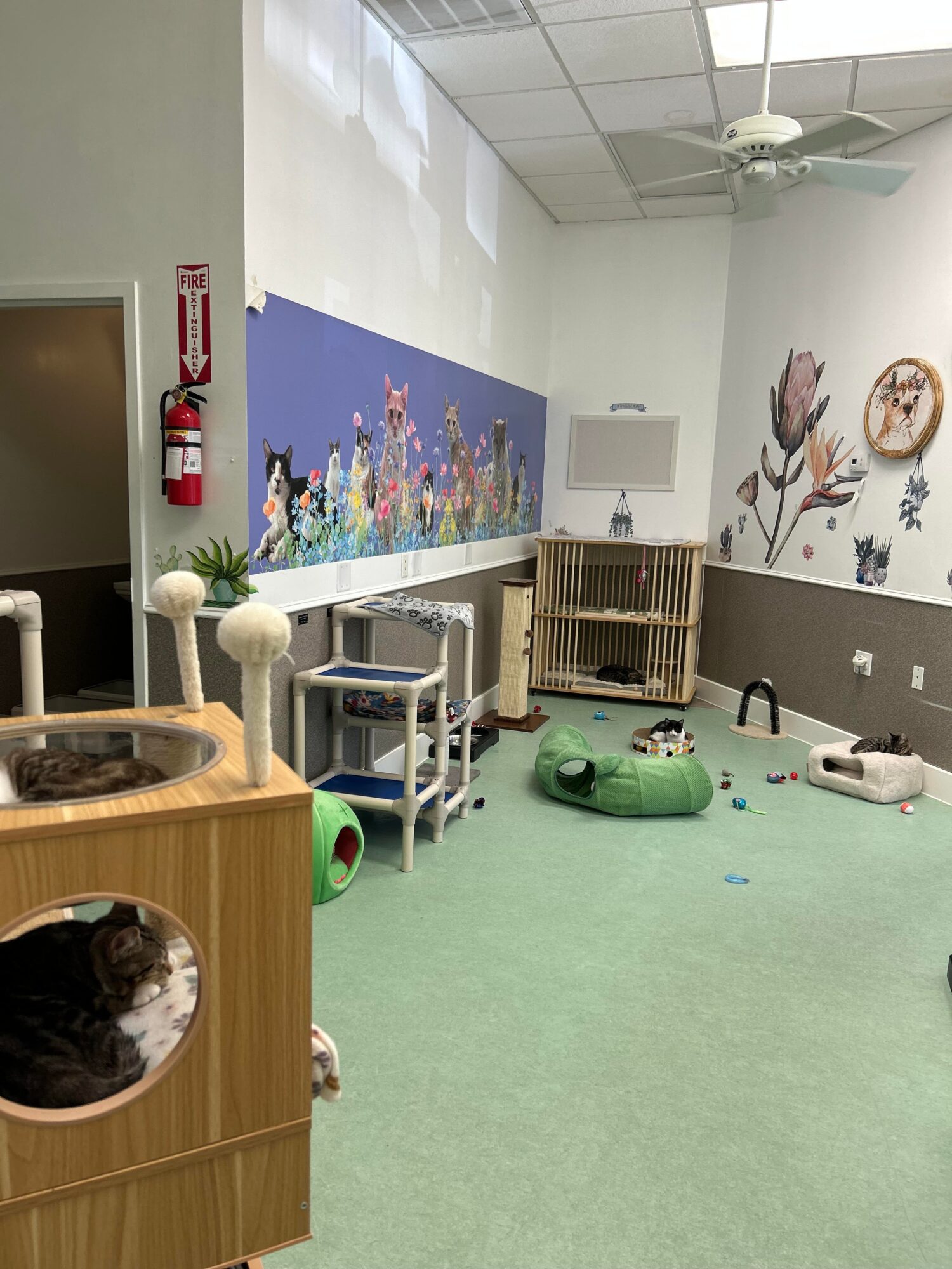 Children's playroom with toys, a mural of flowers, and a ceiling fan, with a green floor and white walls.